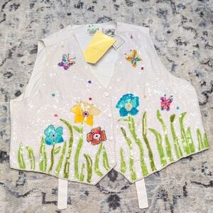 Quacker Factory Sequin Floral Butterfly Beaded Vest – 1X NWT